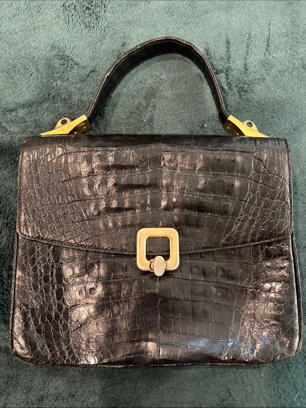 Vintage Cheri Genuine Crocodile Black Handbag Top Handle Purse Gold Hardware